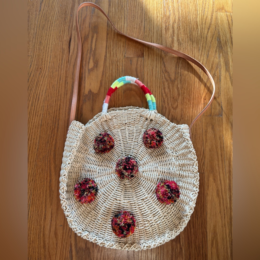 J. Crew Woven Bag with Colorful Pom-Poms